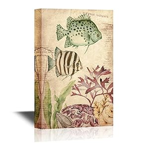 Canvas Wall Art - Vintage Style Tropical Fish Under The Sea - Gallery Wrap Modern Home Art | Ready to Hang - 12x18 inches