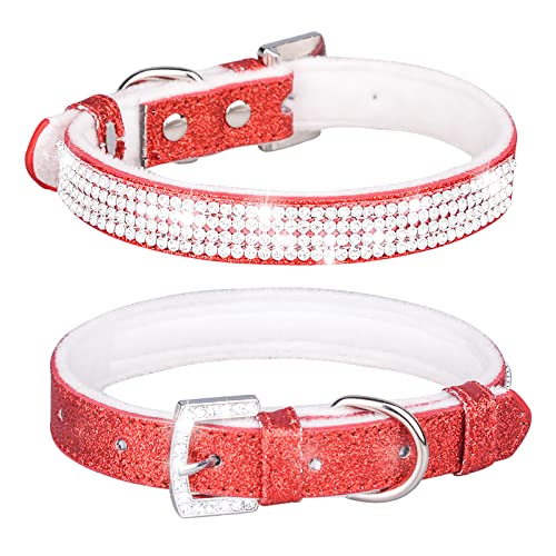 haoyueer Cute Dazzling Sparkling Leather Dog Cat Rhinestone Collar Crystal Diamond Pet Dog Puppy Collar … (M, Red-1)