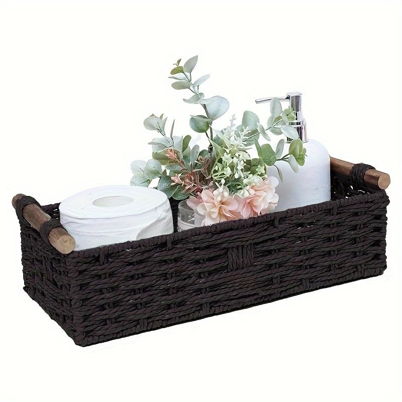 Photo 1 of Rattanzenith Black Paper Rope Storage Basket with Wooden Handle – Handwoven Decorative Wicker Basket for Organizing Toilet Tank, Countertop, Cosmetics & Toilet Paper – 1PC
