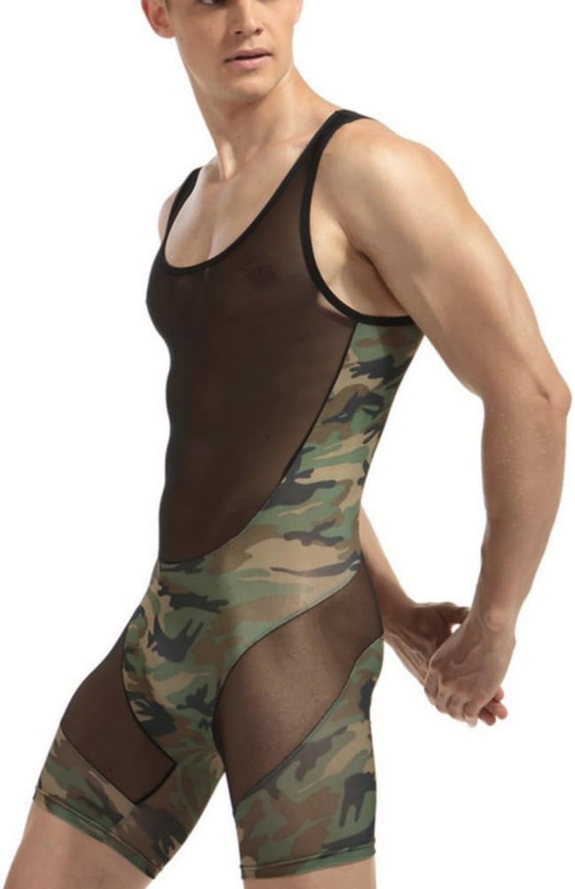 Livingly Light Men's Camouflage Tank top One Piece Wrestling Singlet Bodysuit Leotard Underwear