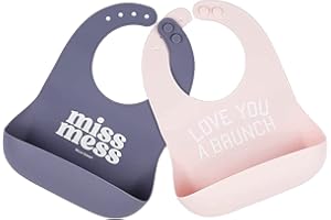 Bella Tunno Wonder Bib 2pk - Adjustable Silicone Baby Bibs for Girls & Boys, Durable and Waterproof BPA Free Silicone, Miss Mess & Love You a Brunch (WBS113)
