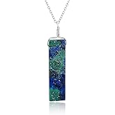 GEMKORA Genuine Azurite Malachite Raw Crystal Pendant Necklace, Rough Stone, Healing Flat Bars, Chakra Gemstone, Natural Crystal, Women Jewelry, Silver Length 18 inch