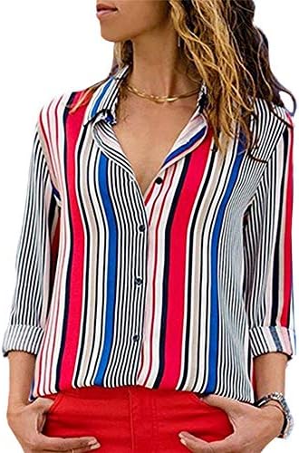 CLOUSPO Blouses for Women V Neck Stripe Loose Button Down Long Short/Roll Up Sleeve Casual Tunic Tops