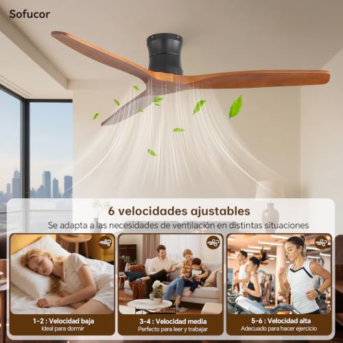 Sofucor 132cm Ventilador de Techo con Mando a Distancia, Madera Maciza Ventilador de Techo sin Luz, Silencioso DC, Temporizador, 3 Temperaturas de Color, 6 Velocidades para Salones