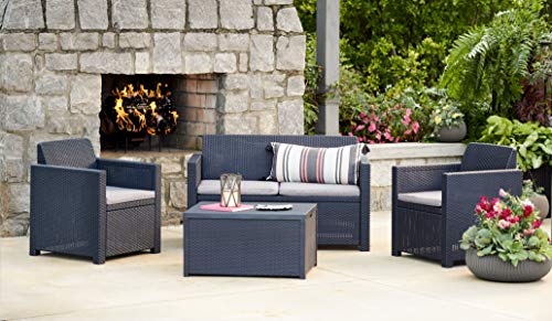 Allibert by Keter Merano Gartenmöbel Set aus Kunststoff, inkl. Sitzkissen, grau, 4-teilig, 2 Sessel, Sofa & Tisch, für Garten & Terrasse, Flache Rattanoptik – Bild 7