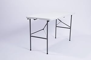 Casa Andrea Milano Multipurpose Indoor Outdoor Heavy Duty Plastic Portable Picnic Fold-in-Half Utility Table w/Handle and Steel Legs for Camping, Dining, Party, 4ft, White