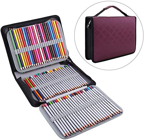 Yosoo 150 Slots Pu Leather Fabric Pencil Case Zippered Pen Bag Pouch Handle Strap Multi-Layer Art Pencils Storage Organizer Stationary Case (Color : Purplish Red)