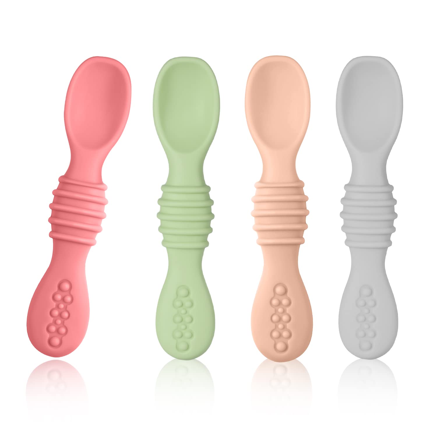 4pcs Silicone Baby Spoons, BPA Free First Stage Toddler Utensils Baby Led Weaning Spoons Baby Chew Spoon Training Spoon Toddler Self Feeding Utensils for Baby 6-12 Months (Light Color)