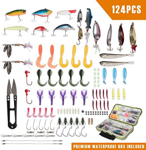 RiverPro Fishing Lure set Baits Tackle including Crankbaits, Spinnerbaits, Plastic worms, Jigs, Topwater Lures ,Waterproof Tackle Box and More Fishing Gear Lures Kit Set 124Pcs Fishing Lure Tackle Box