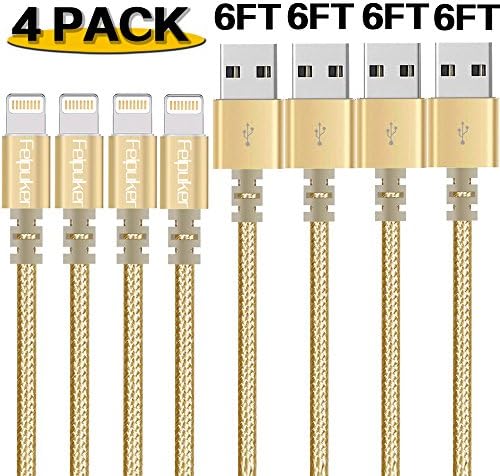 Lightning cable, FEIPUKER 4 PACK (6FT) Nylon Braided Charging Cable Cord Lightning to USB Cable Charger Compatible for IPhone 7/ 7 Plus/6/6s/6 plus/6s plus/ 5c/5s,iPod, iPad, and More (4 PACK Gold)