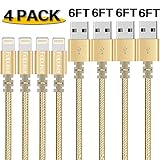 Lightning cable, FEIPUKER (6FT) Nylon Braided Charging Cable Cord Lightning to USB Cable Charger Compatible for IPhone 7/ 7 Plus/6/6s/6 plus/6s plus/ 5c/5s,iPod, iPad, and More (4 PACK Gold)