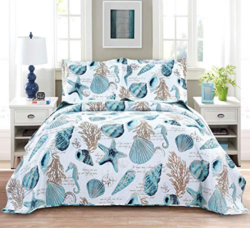 Jarson Summer Beach Bedspreads Set Seashell Conch Coverlet Sets Full/Queen Size,3Pcs Lightweight Coastal Quilts Starfish…