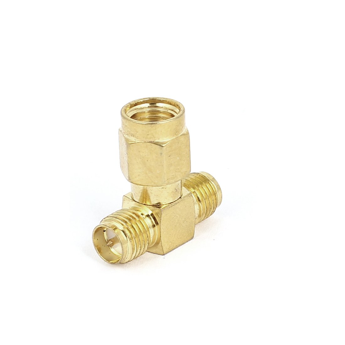 sourcing map Gold Tone Straight PR-SMA Male to Double PR-SMA Female RF Coax Tee Connector