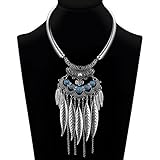 Ysiop Women Bohemian Statement Necklace Vintage Neck Strap Turquoise Leaf Tassel Pendant Silver Updated Version
