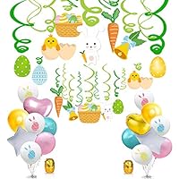 YNOU 48PCS Easter Party Decorations Set Easter Hanging Swirl Foil Egg Bunny Party Hanging Decoration and Shiny Latex Balloons Aluminium Foil Balloons Easter Party Supplies