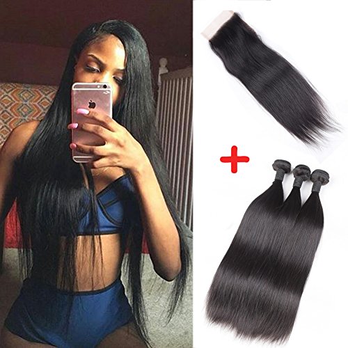 Peruvian Virgin Hair 3 Bundles With Closure,8A Peruvian Straight Human Hair Bundles With Closure 100% Unprocessed Peruvian Straight Hair For Black Women (20 22 24 with 18"closure)