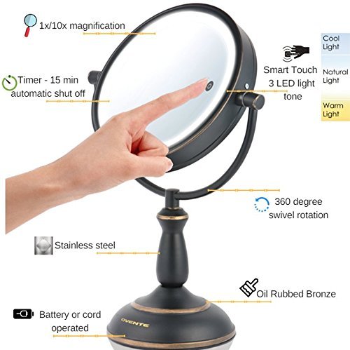 Ovente 8.5” Dual-Sided LED Lighted Makeup Mirror with Timer, Battery or Cord Operated, SmartTouch with 3 Light Tones (Cool, Warm, Natural Daylight), 1x7x Magnification, Oil-Rubbed Bronze (MPT85BZ1X7X)