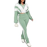 Vssjavun Women 2 Piece Outfit Color Block Long Sleeve Zip Drawstring Cropped Jacket Bodycon Long Pants Set Sweatsuit