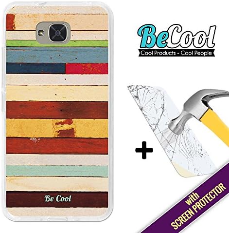 Becool Premium - Cover Gel Flexible Bq Aquaris U2 - U2 Lite, [ +1 Tempered Glass Screen Protector ], TPU Case made of Silicone, protects your Smartphone, with exclusive designs. Patchwork Wood.