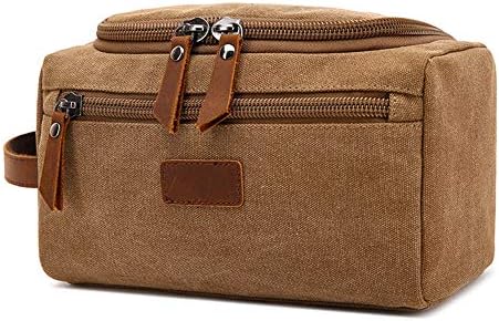 LAPLBEKE Toiletry Bag Overnight Wash Bag Hanging Gym Shaving Bag for Men and Women Canvas Leather Ladies Cosmetic Bag Brown