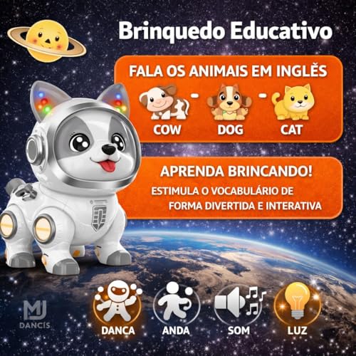 Robô Inteligente - Brinquedo Interativo: Cão Elétrico que Dança e Faz a Festa - Repete a Fala Voz - Com Gravador Gravação (BRANCO E CINZA) - MJ BRANDS
