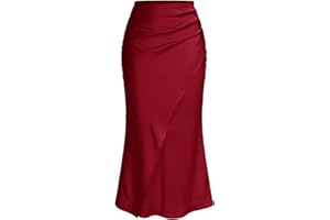 SOLY HUX Women's Satin Maxi Skirt Elegant Wrap High Waisted Ruched Fishtail Dressy Casual Skirts