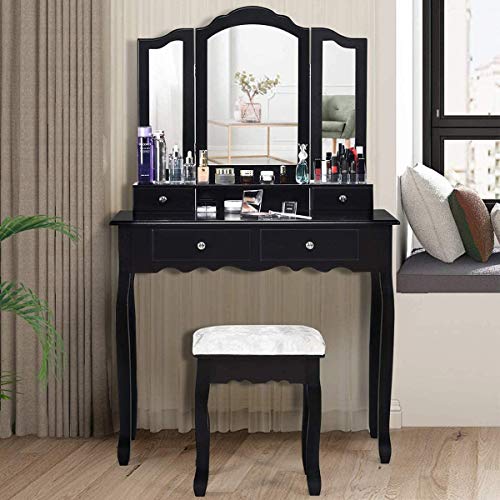 Catrimown Vanity Desk with TriFolding Mirror, Makeup Dressing Table with 4 Drawers and Stool