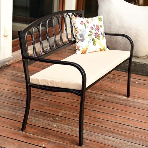 GSATREY Outdoor Garden Bench, Cast Iron Metal Frame Patio Park Bench, Wrought Iron Bench with Backrest and Armrests, for Patio Furniture, Front Porch Decor and Outdoor Seating(Black)