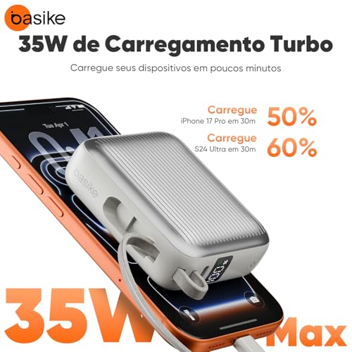 Basike Power Bank, Carregador Portátil 10000mAh 35W, 2-Saídas com Cabo Tipo-C Integrado, Bateria Externa de Carregamento Rápido PD/QC para iPhone Séries 17/16/15, Samsung S25/24/23/22 (Cinza)
