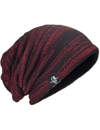 HISSHE Men Oversize Skull Slouch Beanie Large Skullcap Knit Hat (Claret)