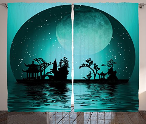 AmbesonneAsian Curtains, Landscape with Moon and Stars in The Night Sky Holiday Print, Living Room Bedroom Window Drapes 2 Panel Set, 108" X 84", Black Aqua