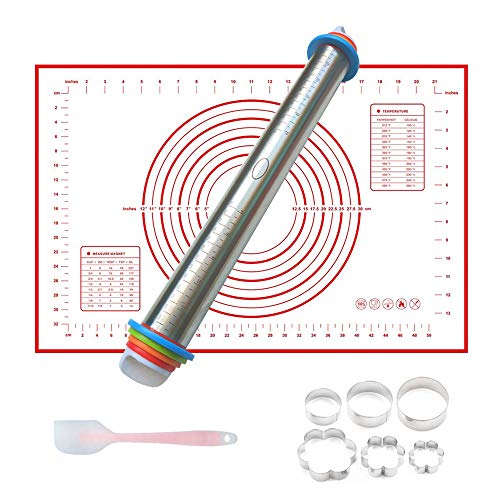 Markmesafe Stainless Steel Rolling Pin, Adjustable Stainless Steel Rolling Pins Dough Roller with 4 Removable Adjustable Thickness Rings and Pastry Mat for Dough, Pizza, Pastry, Pie and Cookies