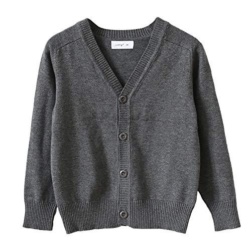 CUNYI Little Boys Button-up Cardigan V-Neck Cotton Knit Sweater Casual Outerwear, Dark Grey, 6-7 Years/ 130