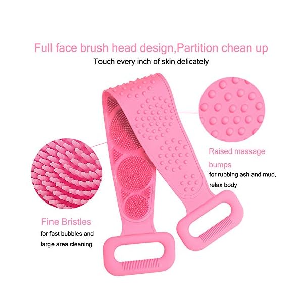 Silicone-Back-Scrubber-for-Shower-Handle-Body-Washer-Exfoliating-Texture-Scrubbing-Pad-Back-Cleaning-Bath-Strap-with-Soft-Brush-Bristles-and-massage-dots-Pink Silicone Back Scrubber for Shower, Handle Body Washer, Exfoliating Texture Scrubbing Pad, Back Cleaning Bath Strap with…