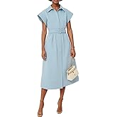 EZAPINE Womens 2025 Summer Short Sleeves Midi Dress Casual Button Down Long Dress with Belt