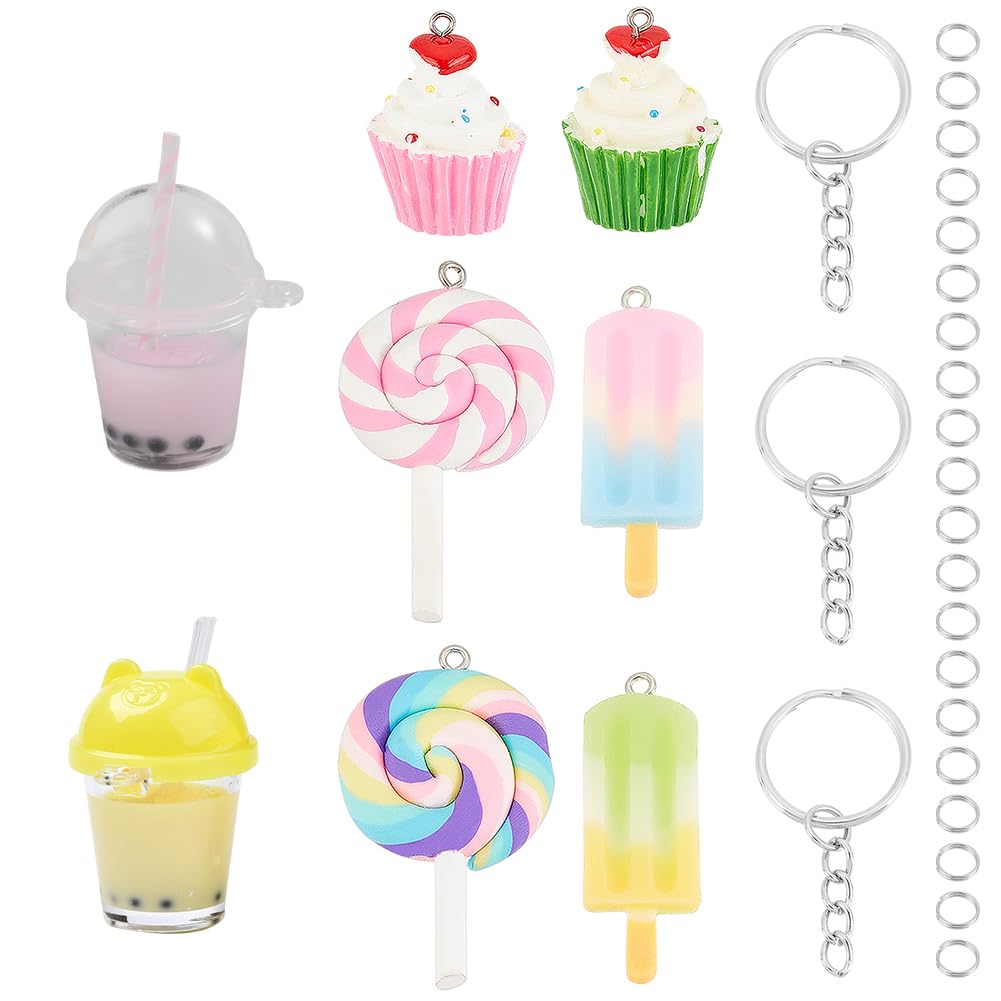 SUNNYCLUE DIY 36pc Milk Tea Key Chain Making Kit with Rainbow Lollipop Resin Pendants, Split Key Rings & Split Rings for Earring Bracelet Necklace Jewelry Crafts