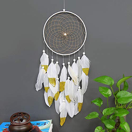 CHICIEVE Handmade Dream Catchers,White and Gold Feather Decoration for Christmas Wedding Party- Diameter 7.9" Length 27~29"