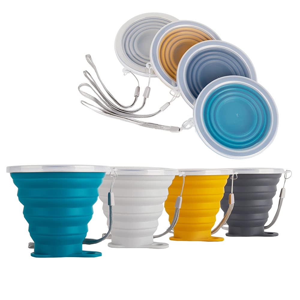 LYY Foldable Cup,Collapsible Silicone Cups with Plastic Sealing Lid Reusable Portable Cup Set for Picnic, Camping, Outdoor Hiking Travel(270ml,4-C)
