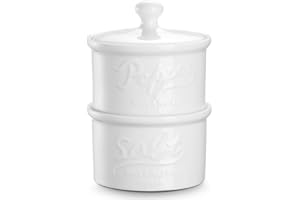DOWAN Salt and Pepper Bowls Set of 2-9 OZ Salt and Pepper Cellar - Stacking Ceramic Salt and Pepper Container with Lid (White