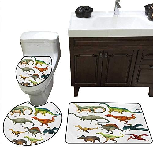 Dinosaur Bath Toilet mat Set Various Different Ancient Animals from Jurassic Period Cartoon Collection Mammals Bathroom and Toilet mat Set Multicolor