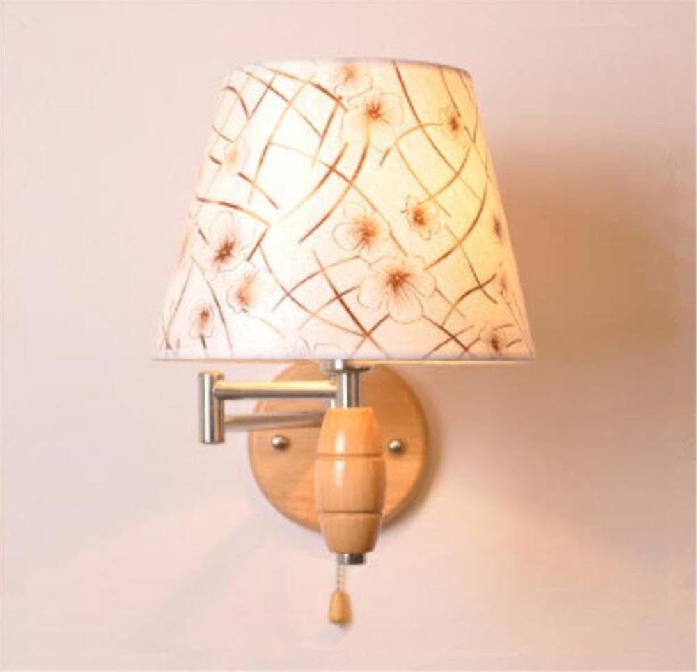 Wall Light Sconce Lamp with Pull Cord Switch Modern Creative Bedside Reading Wooden Wall Lights with Fabric Shade for Living Room Bedroom Hallway Lighting Fixtures, D