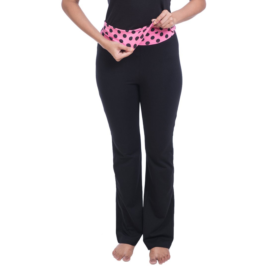 nite flite women's polka print black foldover yoga pants