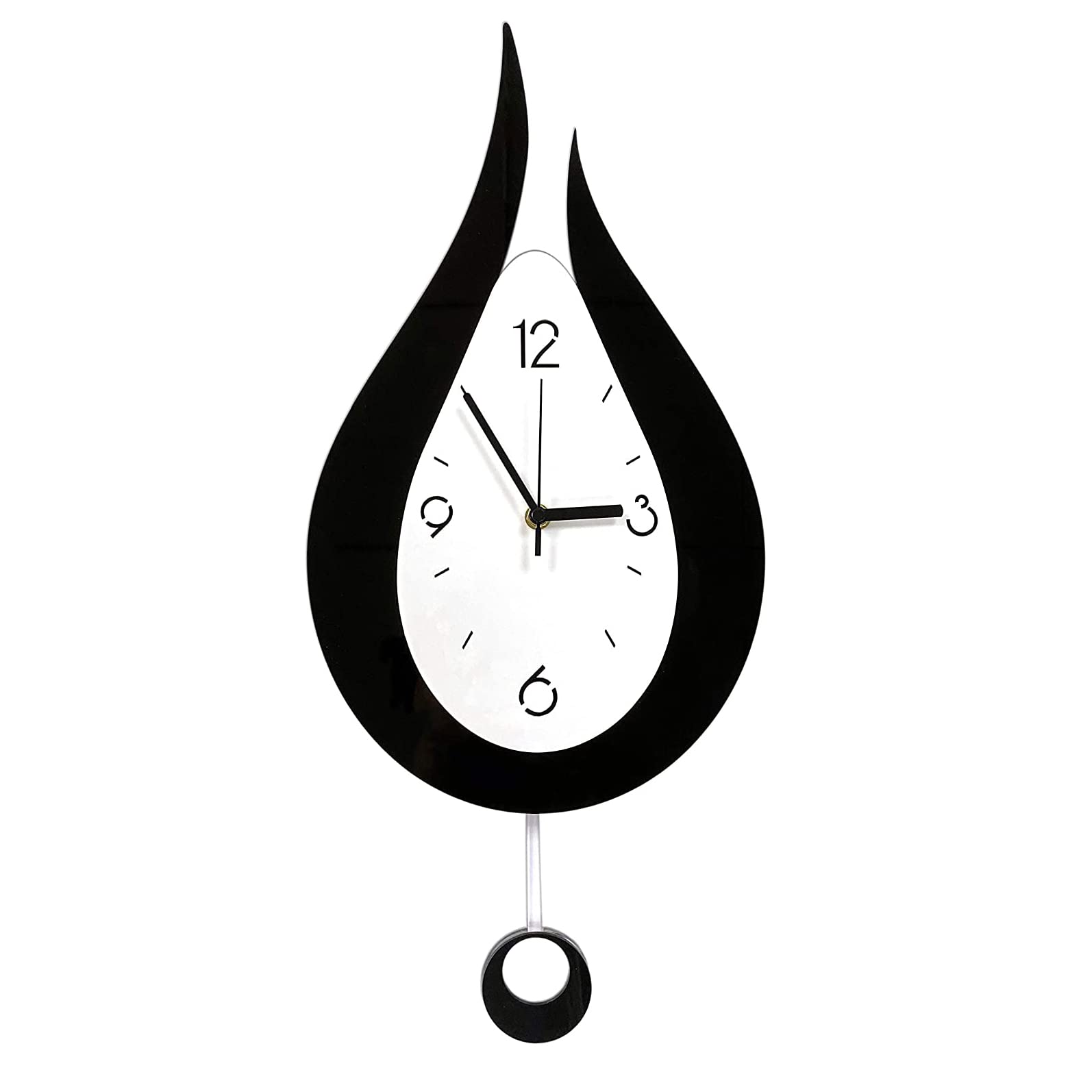 GFFTYX 20.4 Inch Large Silent Modern Decoration Wall Clock with Pendulum Arabic Numerals Water Drop Battery Operation for Home Living Room Bedroom (Black+white)