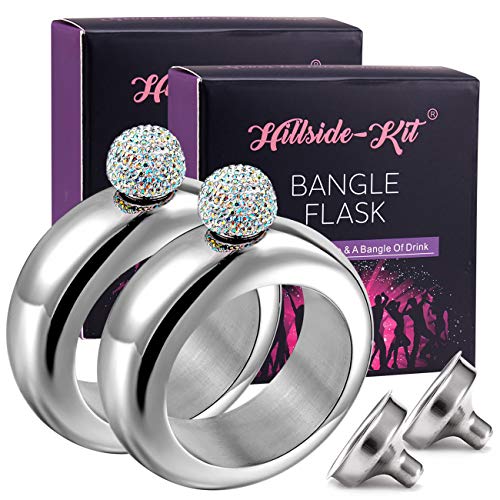 Booze Shot Flask Bangle Bracelet- AB Crystal Lid Creative 304 Stainless Steel Wine Alcohol Liquor Flask bracelet for Women Girls Party Hidden Flask Set 3.5OZ-2PCS(Silver with crystal)