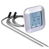 Adoric Touchscreen Digital Food Thermometer - Smart Alarm Timer - 2 Stainless Stell Probes - Instant Read Meat Thermometer for Kitchen Cooking, BBQ, Grill (Includs Battery)