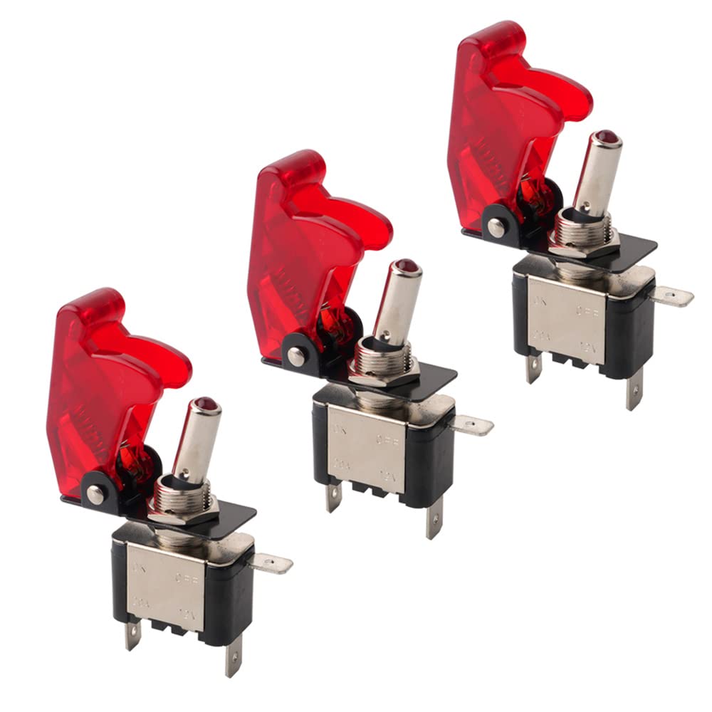 QitinDasen 3Pcs Professional Car Toggle Switch, Red Waterproof Cover Red LED Indicator, ON-OFF 2 Position 3 Pin SPST Auto Rocker Switch, for Car Auto Truck Boat (20A / 12VDC)