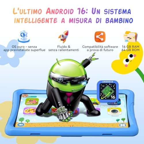 Tablet Bambini 10 Pollici, Android 16 Tablet per Bambini 3-12 Anni, 16GB RAM(4+12) + 64GB ROM, Controllo Genitori, GMS, 5000mAh, WiFi6, WidevineL1, con Custodia Anti-caduta e Penna, Garanzia di 4 anni