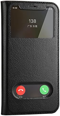 iPhone XS MAX Genuine Leather Flip View Case Mens Yak Genuine Leather iPhone XS MAX Cases [Premium Leather Wallet][Slim Fit][Window View] for iPhone XS MAX 6.5 inch (Black, XS MAX)