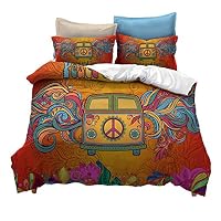 Suncloris,Hippie Psychedelic Camper Van Peace Sign,Bedding Boys Girls Watercolor Colorful Art Duvet Cover Set,Included:1 Duvet Cover,2 Pillowcase(no Comforter Inside) (Queen)