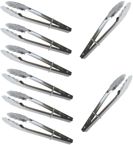 Set Of 8 Stainless Steel Clam Shell Food Service Tongs With Sliding Rings. Quality Construction, Dishwasher Safe